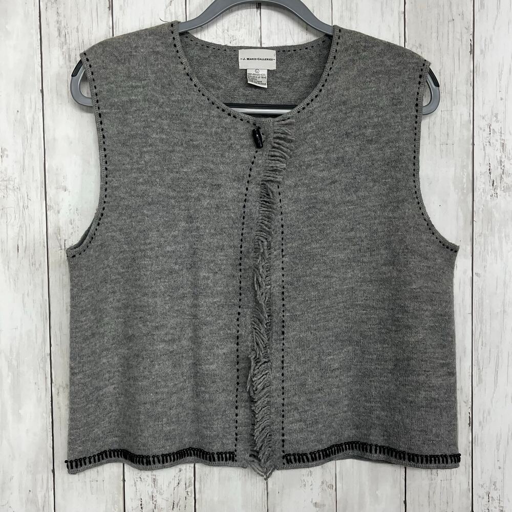 J. Marco 100% Boiled Wool Gray Beaded Vest Open Front Large Cozy Chic